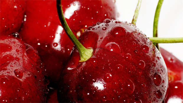 Сочные ягоды вишни с плодоножками, окропленные капельками воды